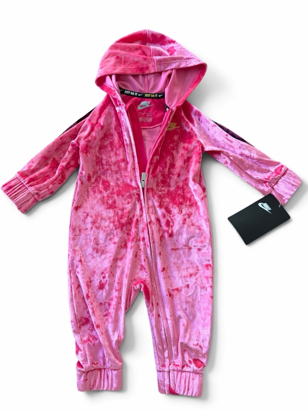 NWT- Nike Pink Velvet Hooded Baby One-Piece Romper. Size 9M